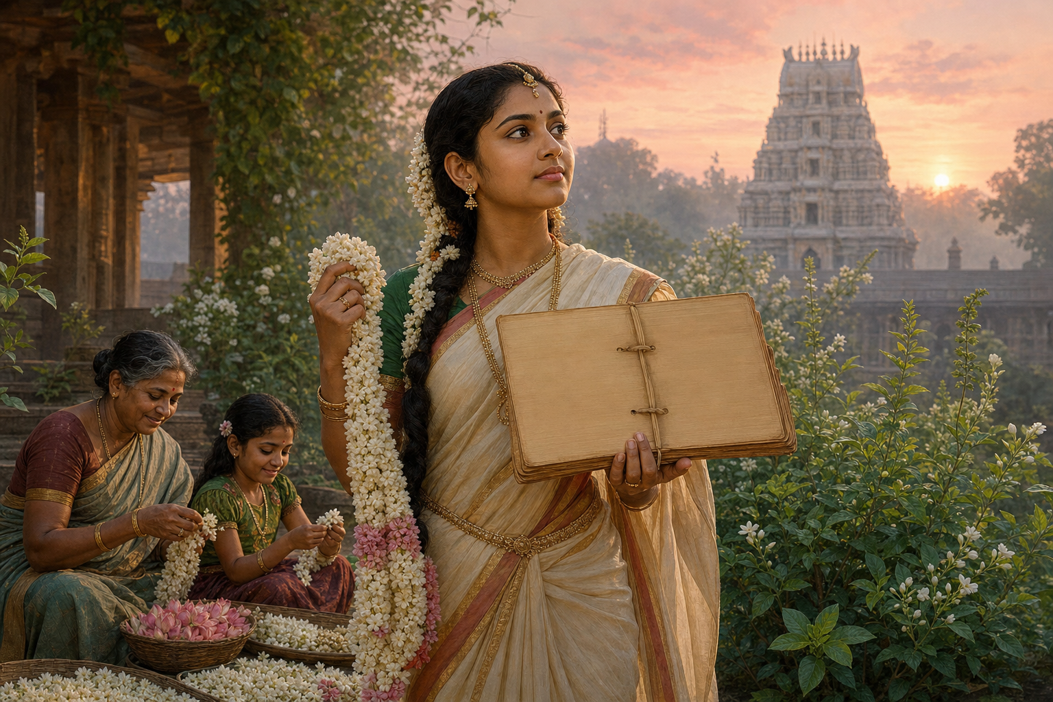 Andal stands confidently in a temple garden holding a flower garland and a blank palm-leaf manuscript as two women prepare blossoms nearby.