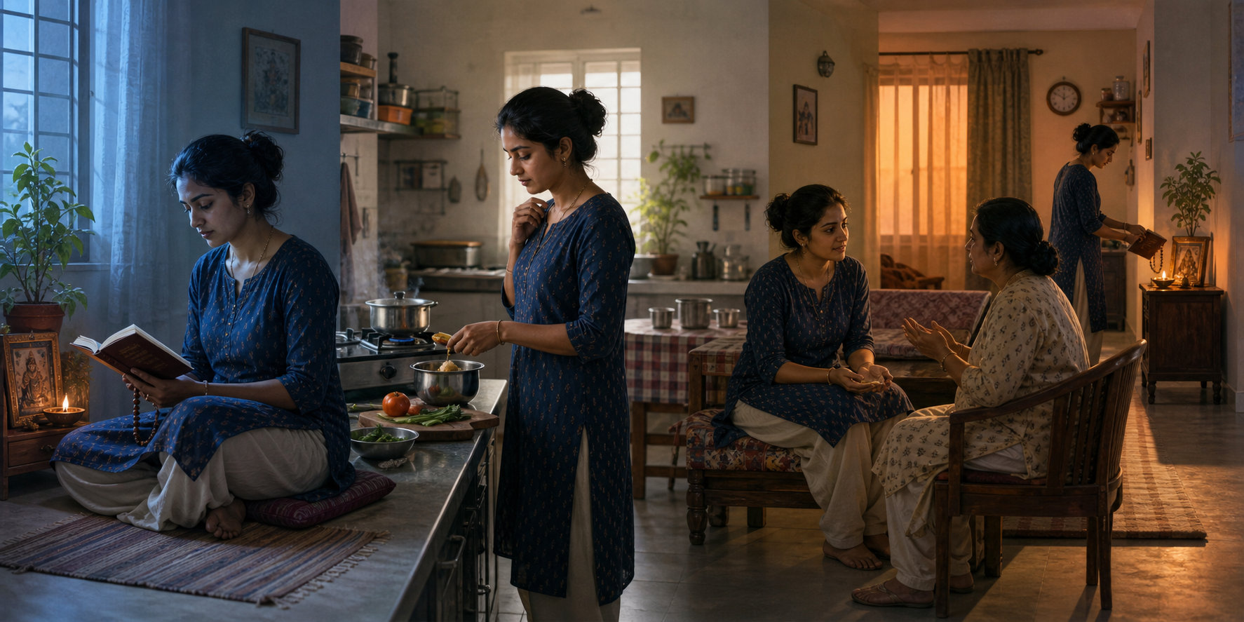 A devotee reads at dawn, carries the practice into household activities, responds calmly to a family member, and returns to the book at dusk.