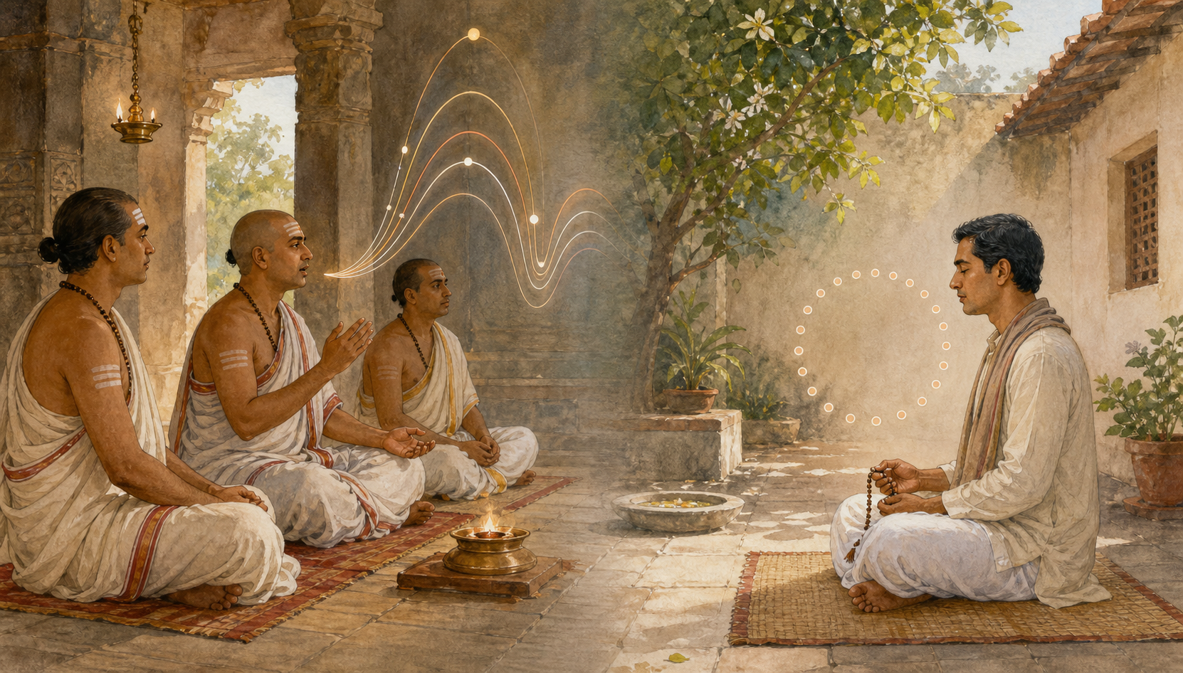 A split scene contrasts a group performing structured Vedic chant with a solitary practitioner using prayer beads for personal repetition.