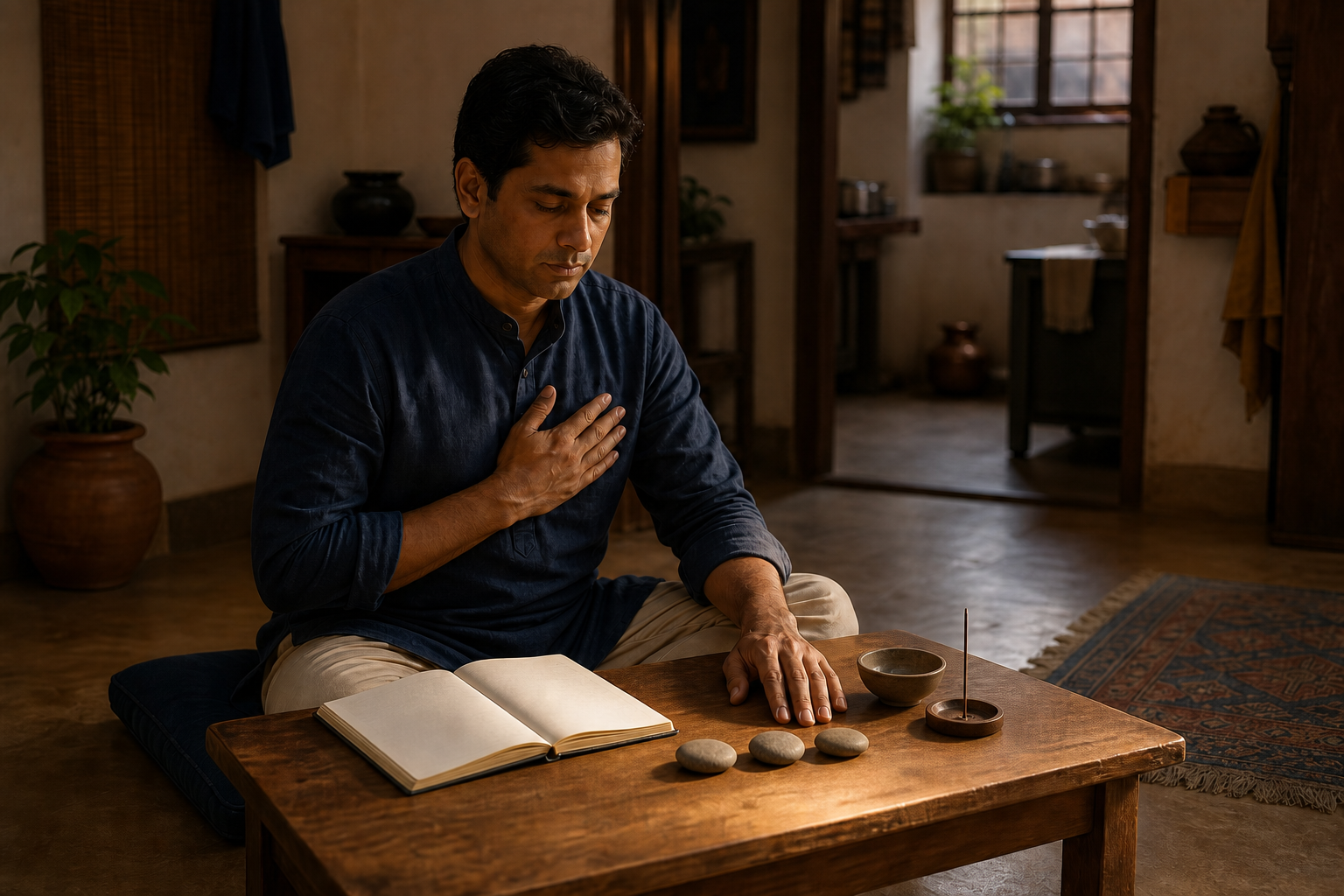 An Indian householder sits at a low table in the evening with an unmarked notebook, a bowl, and three smooth stones arranged for reflection.