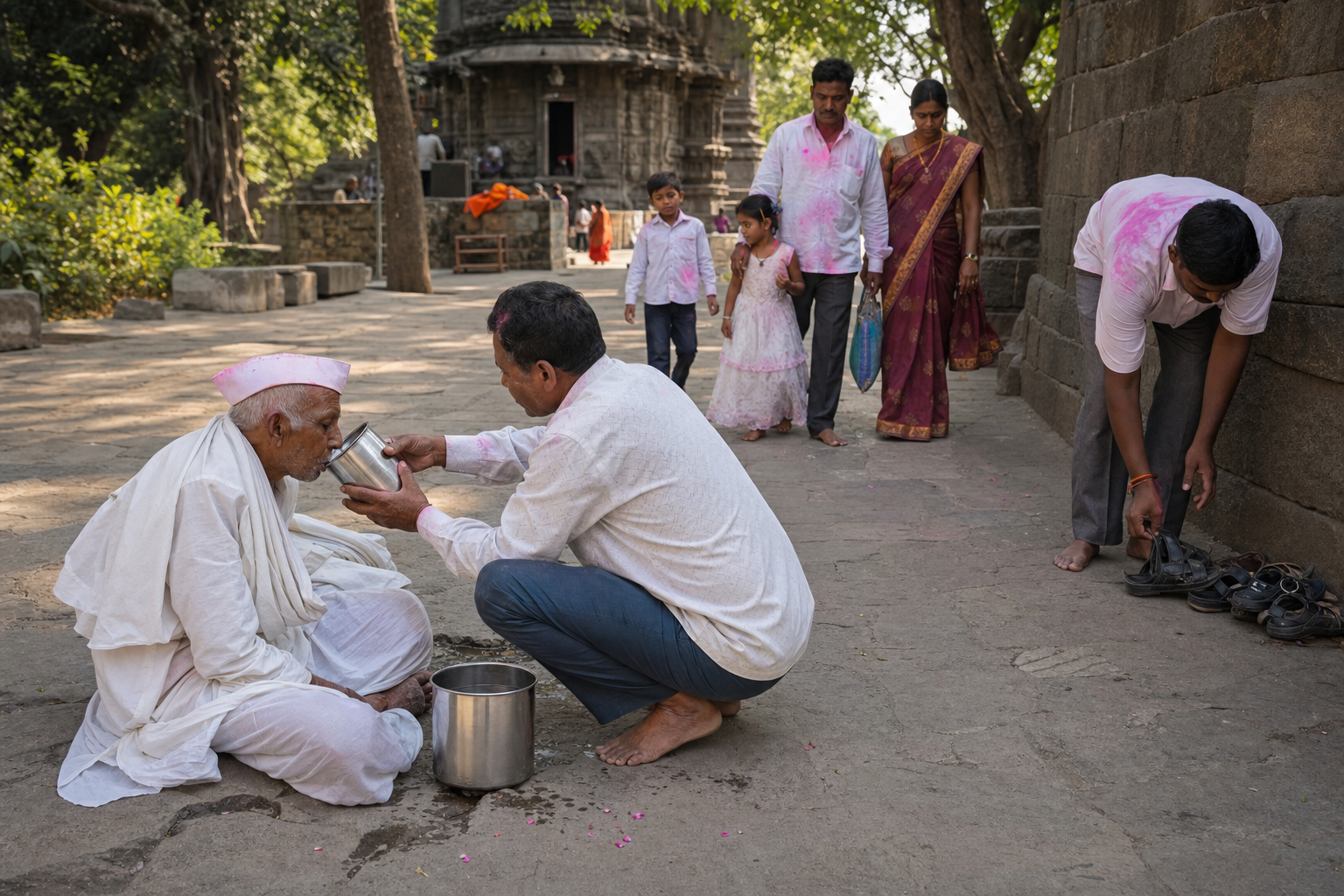 A pilgrim offers water to an elderly traveler while other visitors move calmly and keep footwear arranged near a temple courtyard.