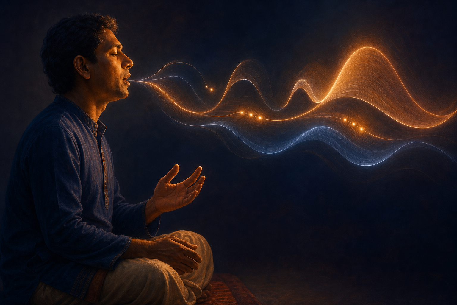A chanter in profile breathes out abstract light ribbons of different heights and lengths to represent pitch, syllable, and duration.