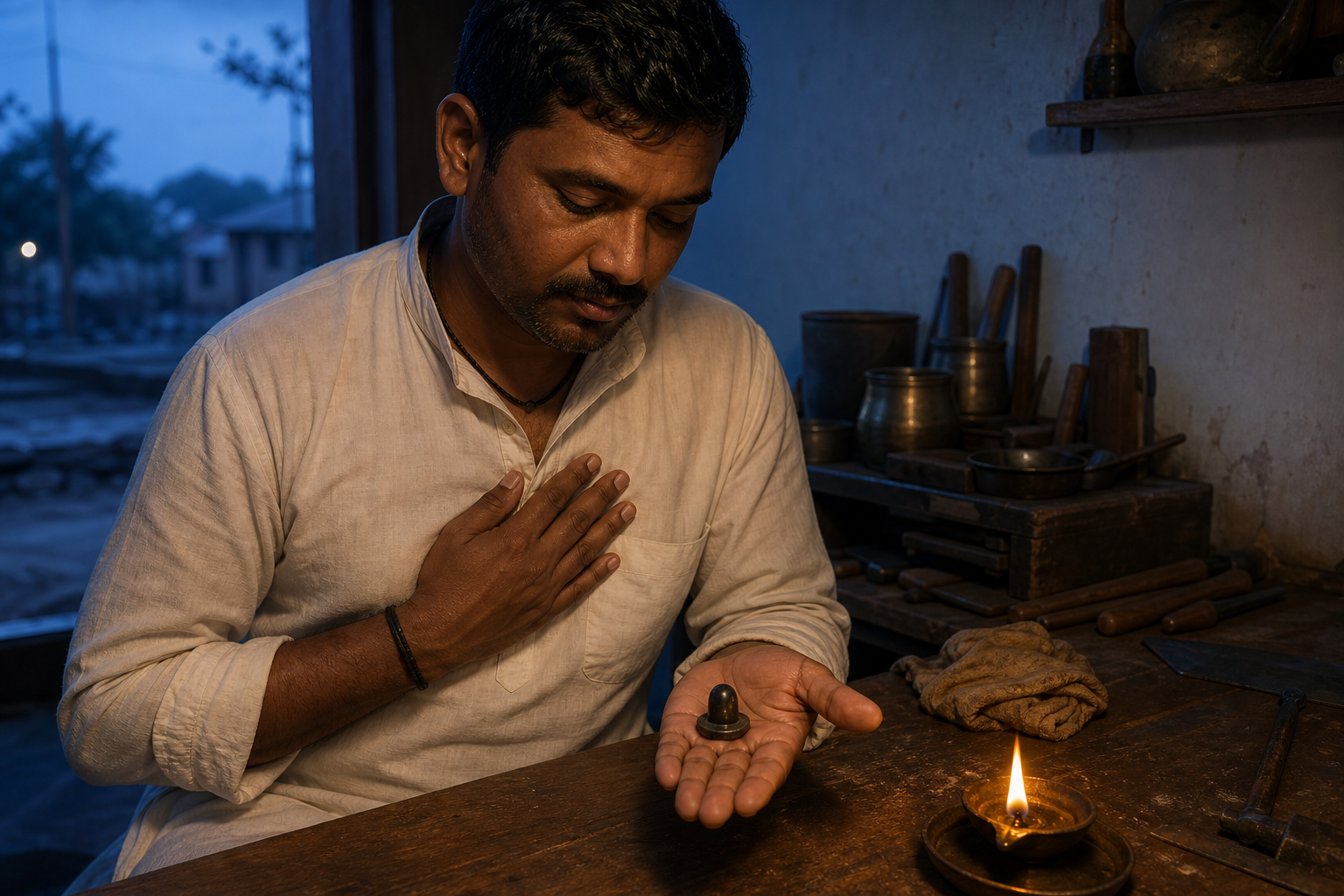 A seated practitioner holds a small personal ishtalinga in an open palm beside an oil lamp and a worktable.