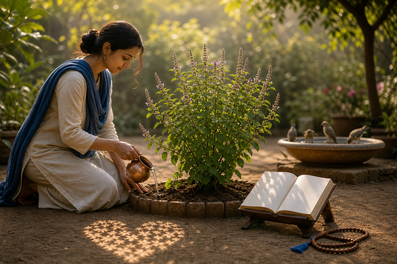 A person waters a flourishing tulsi plant beside an open sacred book and wooden prayer beads in a sunlit garden.