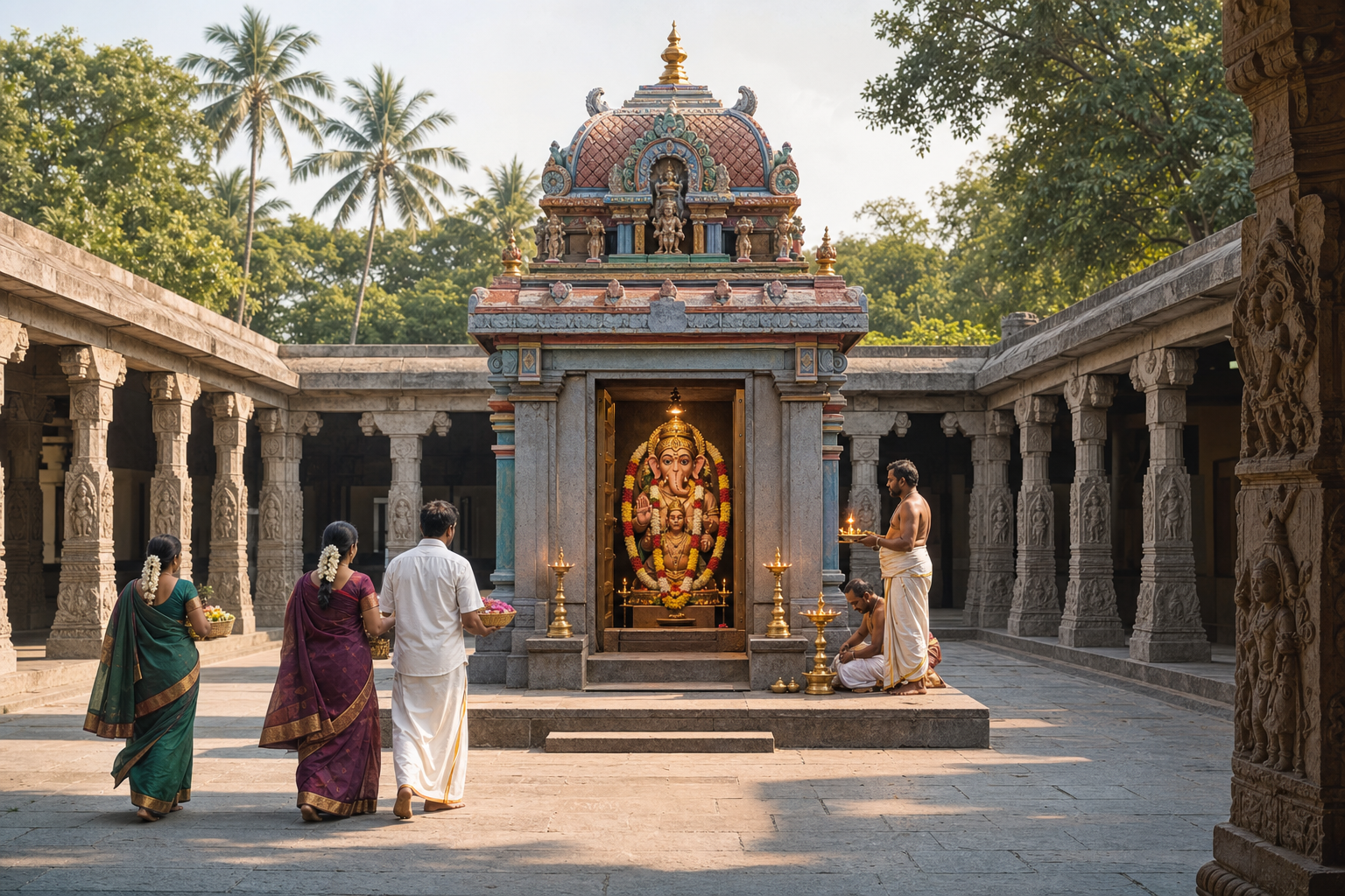 Devotees approach a composite Ganesha-Hanuman shrine in a South Indian temple courtyard with carved pillars and brass lamps.