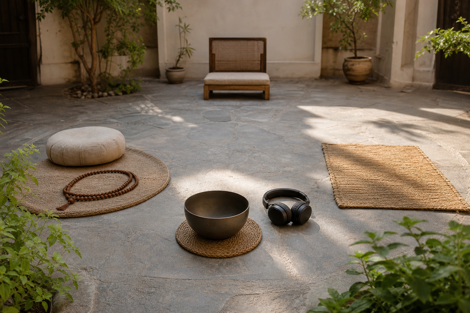 Prayer beads, a meditation cushion, headphones, and an empty study mat represent personal practice, listening, and guided learning.