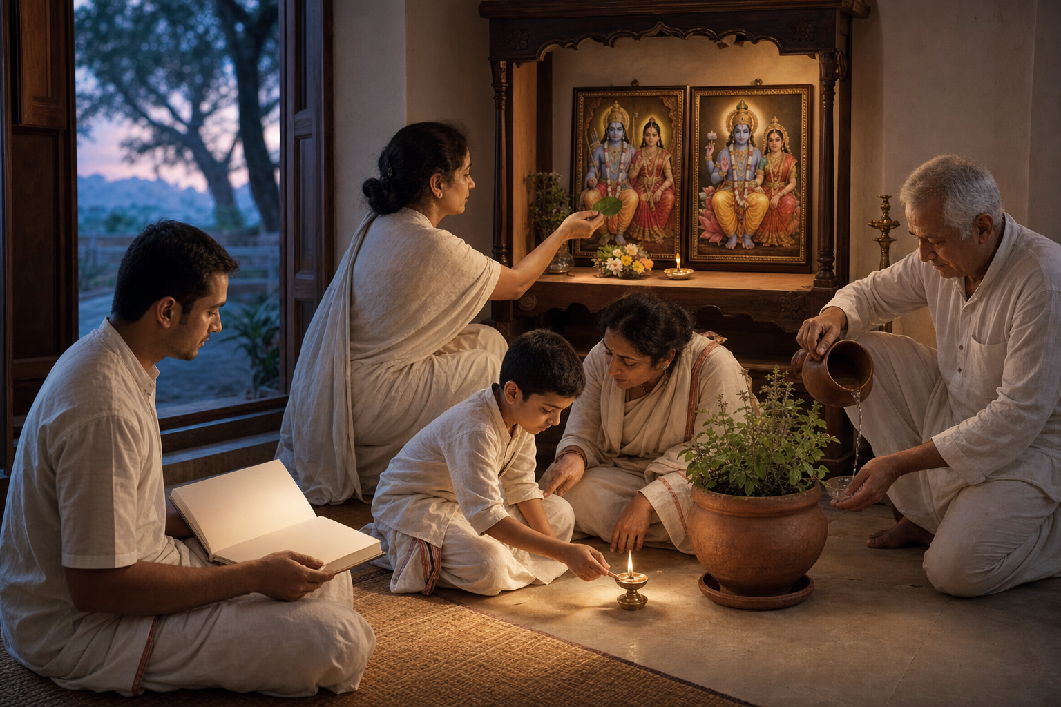 A family studies, offers flowers, lights a lamp and waters a tulasi plant before a home shrine with Sita and Rama and Lakshmi and Narayana.