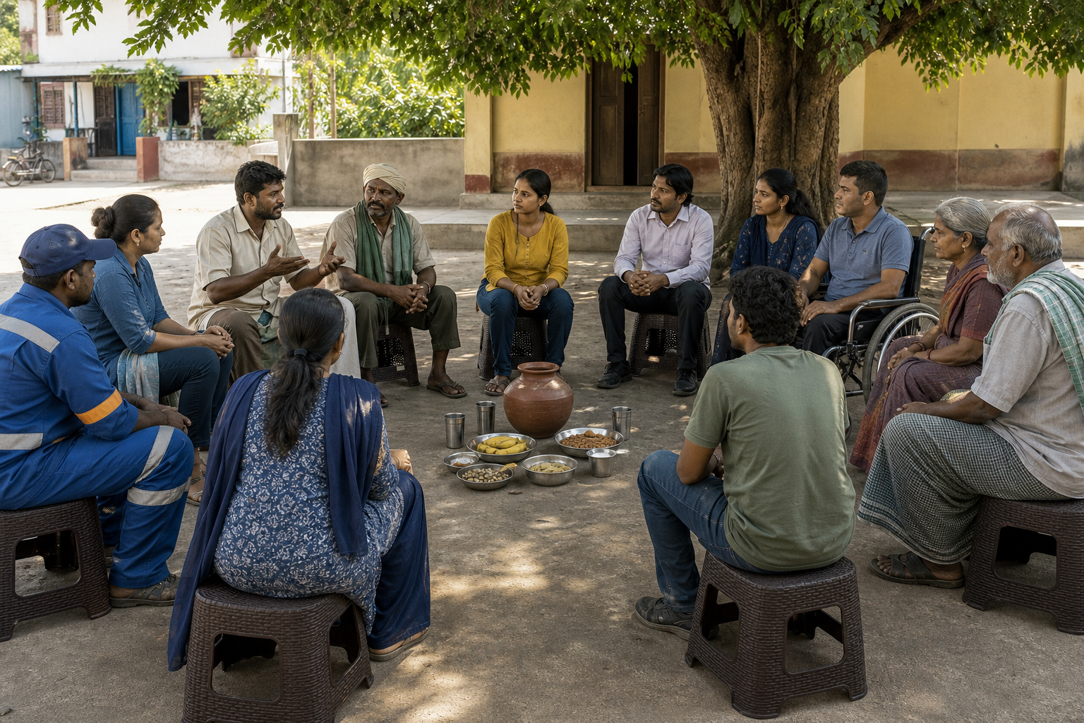 A diverse group of neighbors, including a wheelchair user and workers from several occupations, sits in an equal circle for a courtyard meeting.
