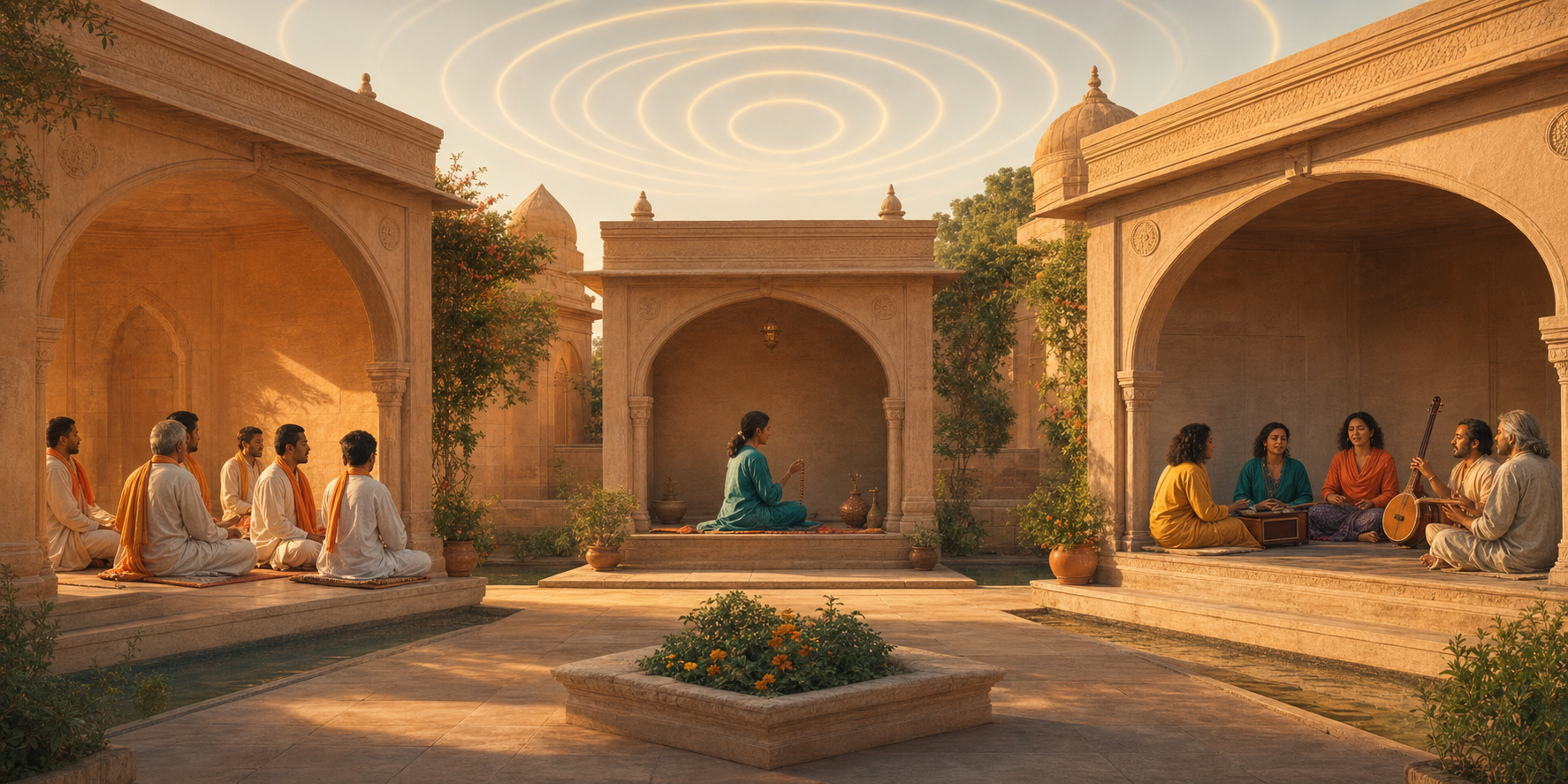 Separate groups practice Vedic chant, prayer-bead repetition, and devotional singing around a shared courtyard while remaining in distinct spaces.