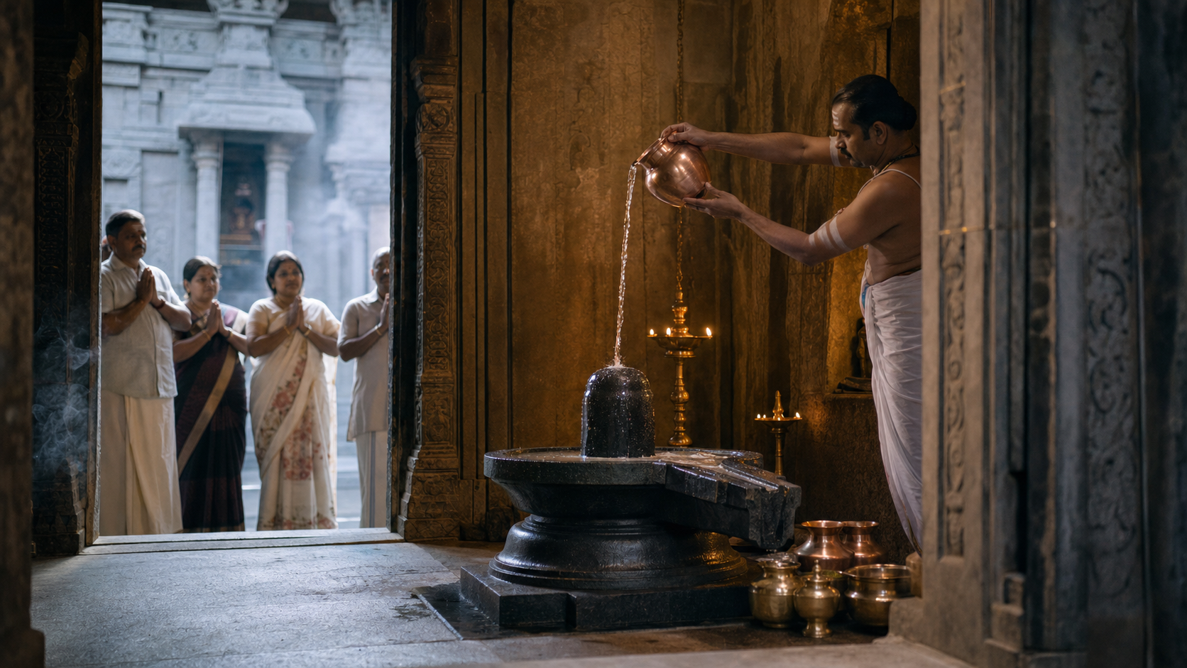 A temple priest pours water from a copper vessel over a black-stone Shiva linga while devotees watch from outside the lamp-lit sanctum.