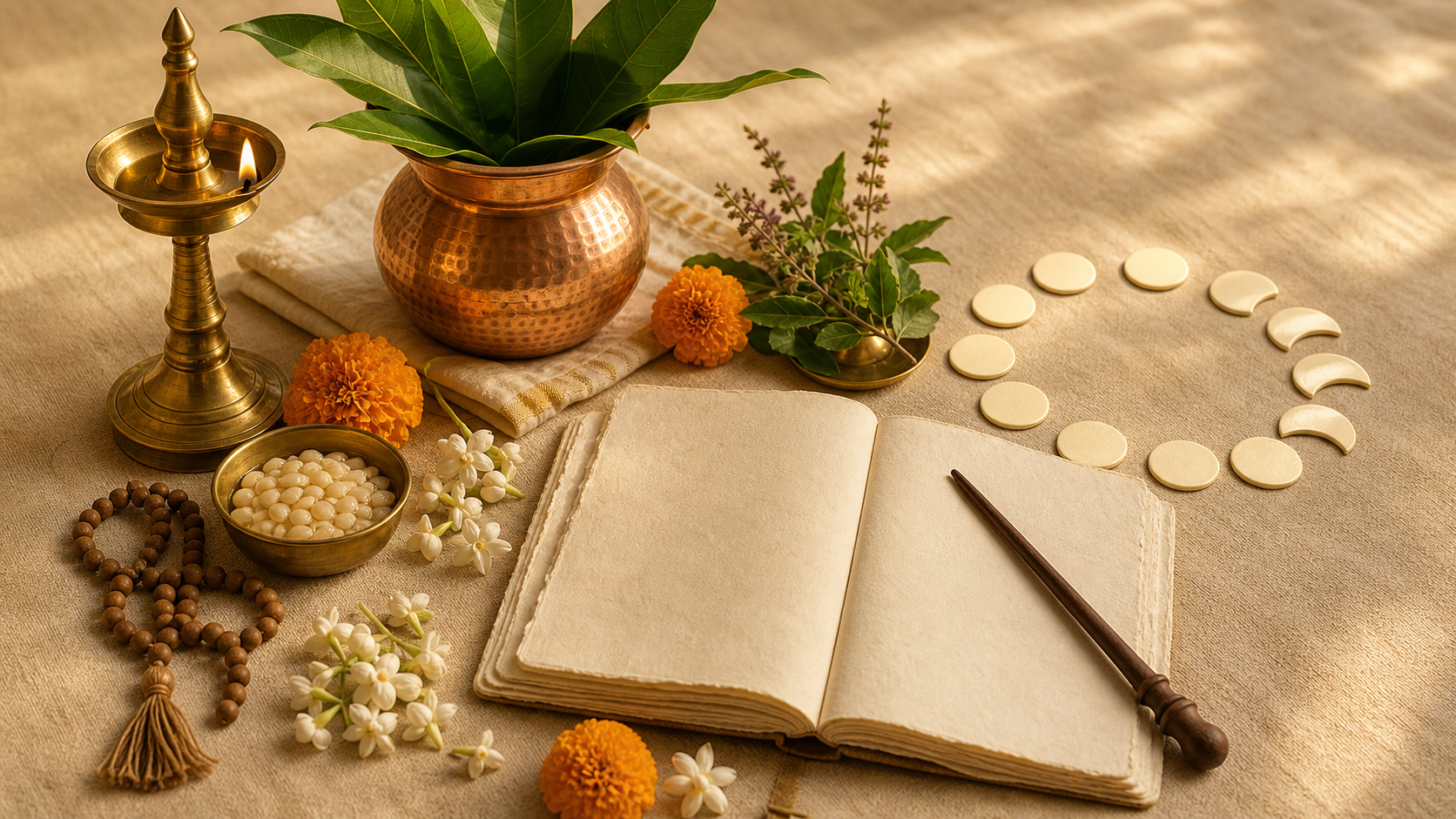 Brass worship vessels, flowers, tulsi, prayer beads, moon-phase discs, and an unmarked planner arranged on a natural-cloth surface.