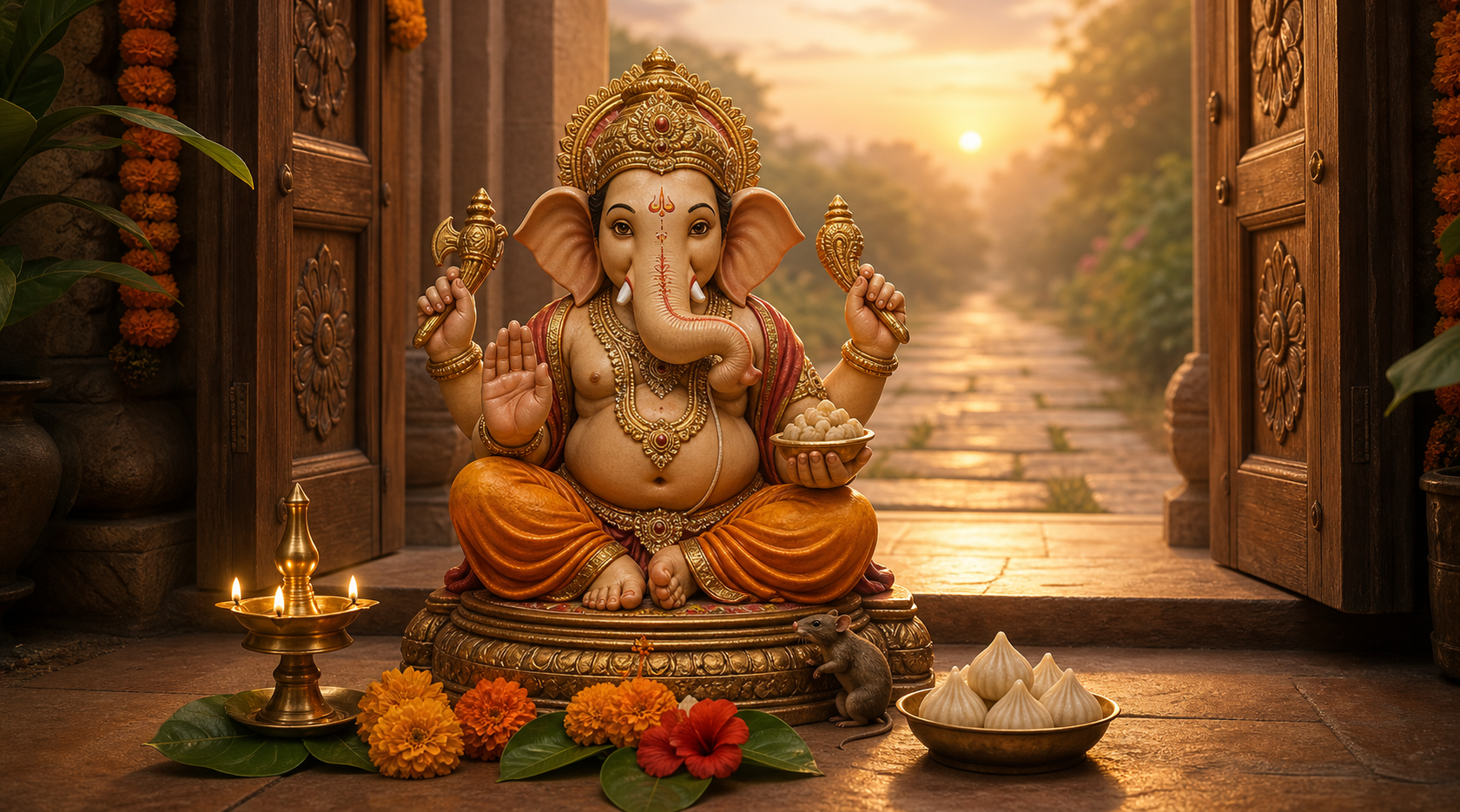 A seated Ganesha murti with flowers, an oil lamp, modakas, and a small mouse beside an open doorway at dawn.