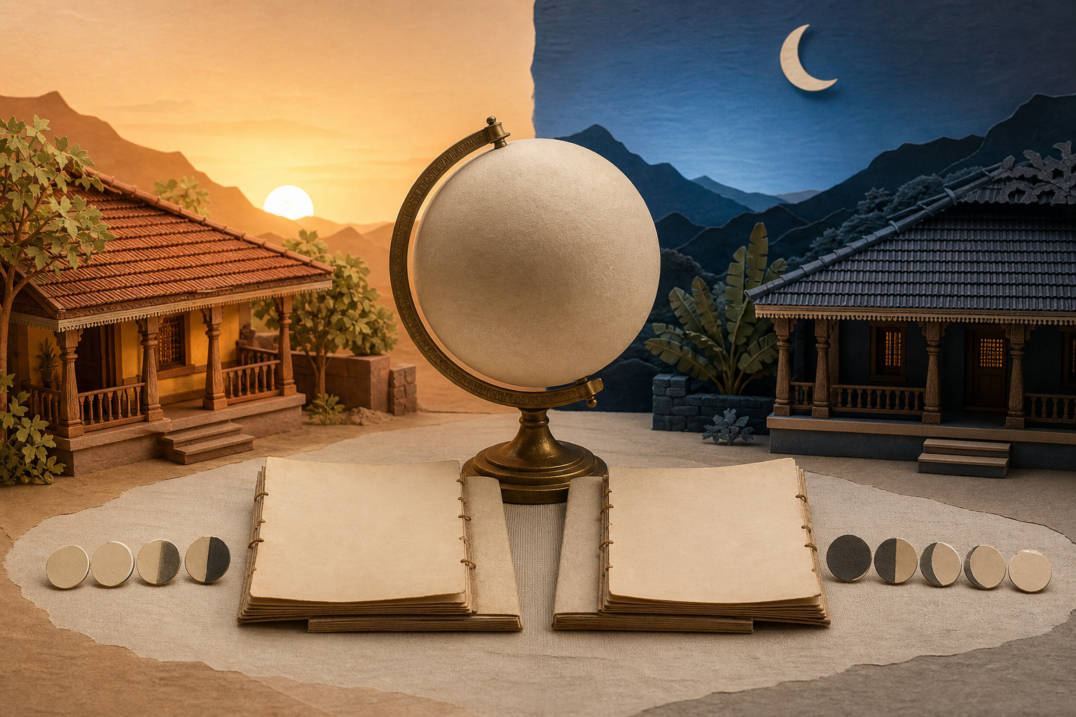 Two miniature Indian homes under different daylight conditions flank an unmarked globe, blank almanac folios, and moon-phase discs.