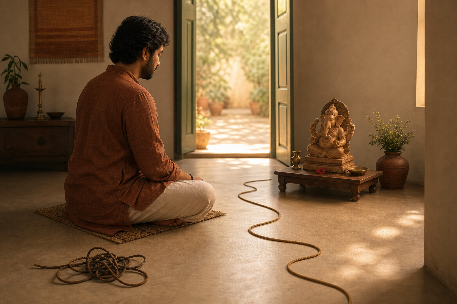 A person reflects before a small Ganesha murti, with a knotted cord nearby and a sunlit doorway ahead.
