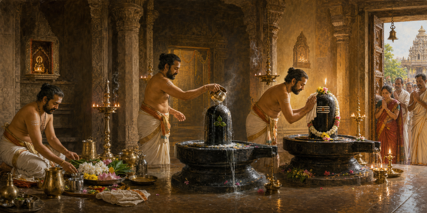 Three connected temple moments show ritual vessels being prepared, an offering poured over a Shiva linga, and the cleansed murti adorned for darshan.