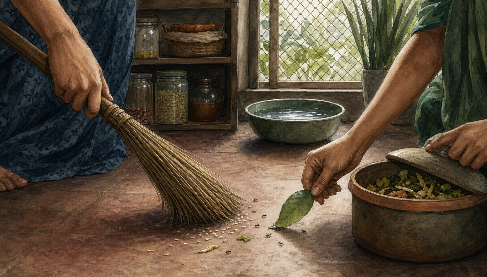 Two people clean a kitchen carefully, moving tiny insects with a leaf and placing food scraps in a covered compost container.