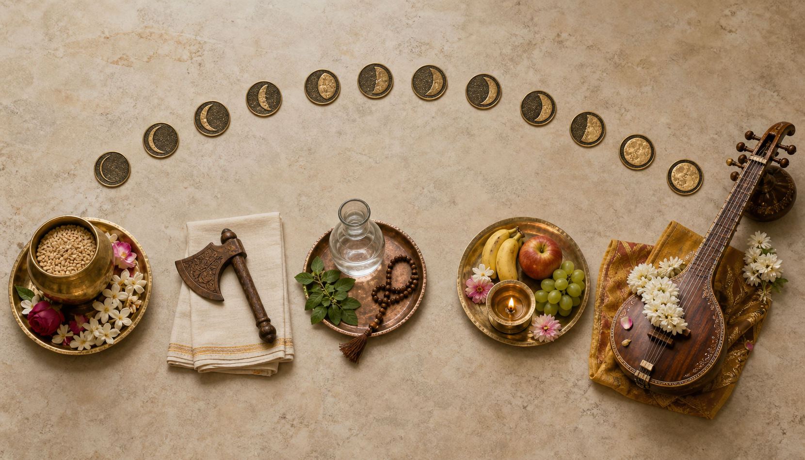 Moon-phase medallions form an arc around separate arrangements of grains, flowers, a ceremonial axe emblem, fasting items, offerings, and a string instrument.