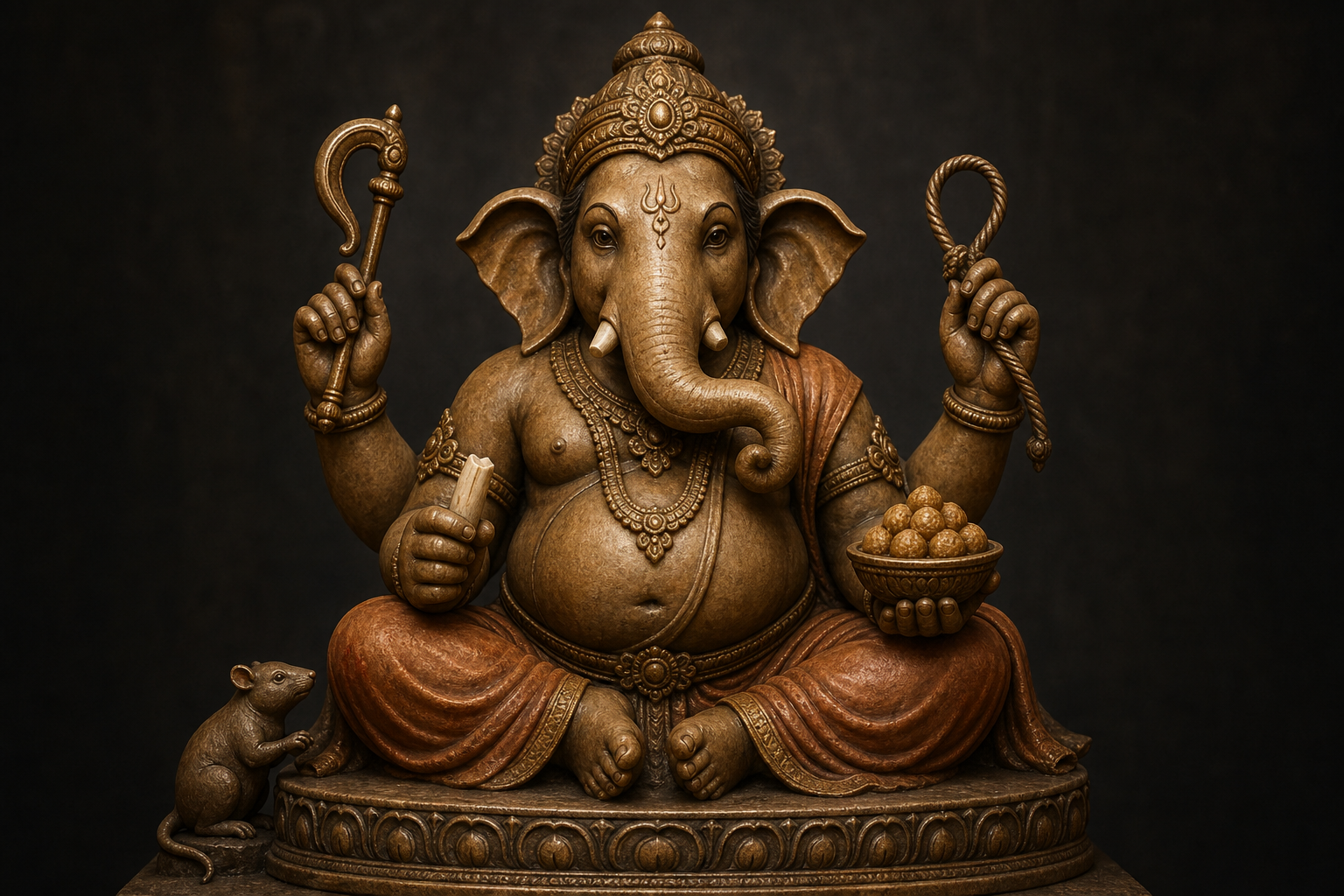 A traditional four-armed Ganesha murti showing broad ears, a curved trunk, one broken tusk, ritual implements, modakas, and a mouse.
