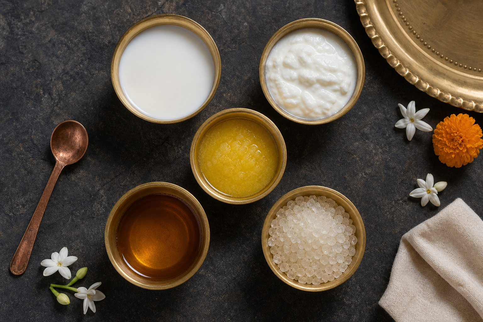 Five brass bowls hold milk, curd, ghee, honey, and raw sugar beside flowers and a copper spoon on a stone surface.