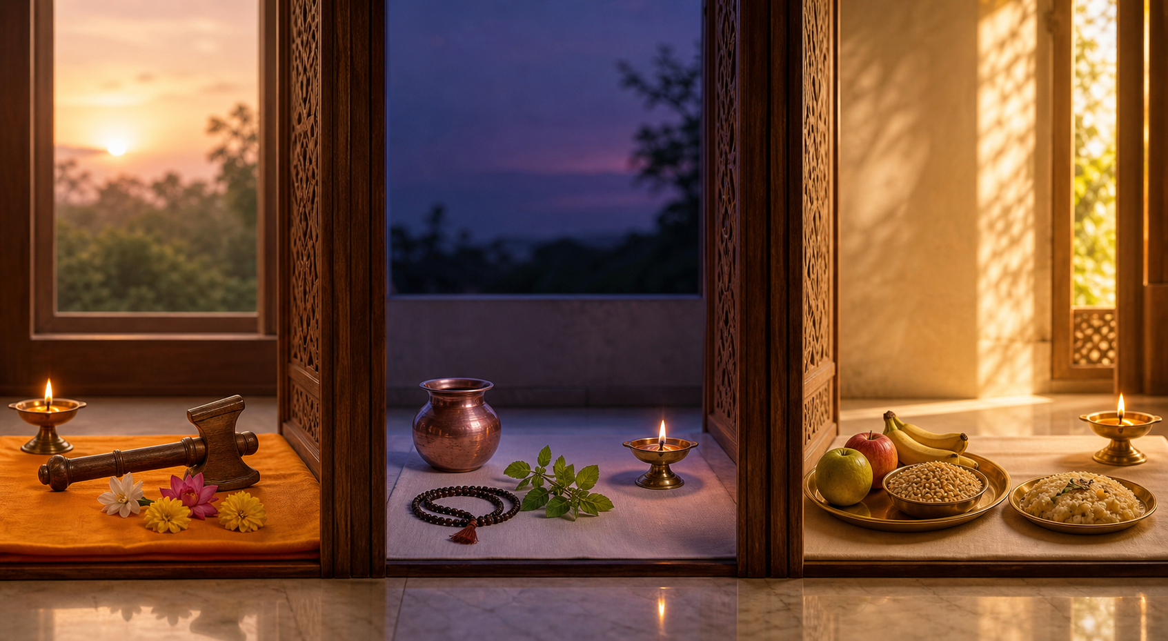 Three separated home devotional settings show a ceremonial axe emblem, a sparse fasting arrangement, and a next-morning food offering.