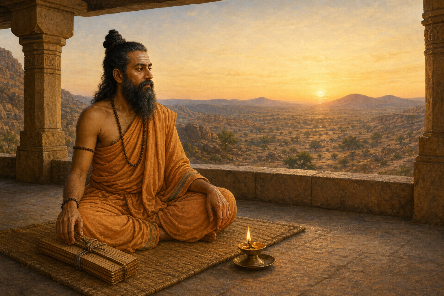 An illustrated Telugu saint-scholar in ochre robes sits beside a palm-leaf manuscript and an oil lamp overlooking sunlit hills.