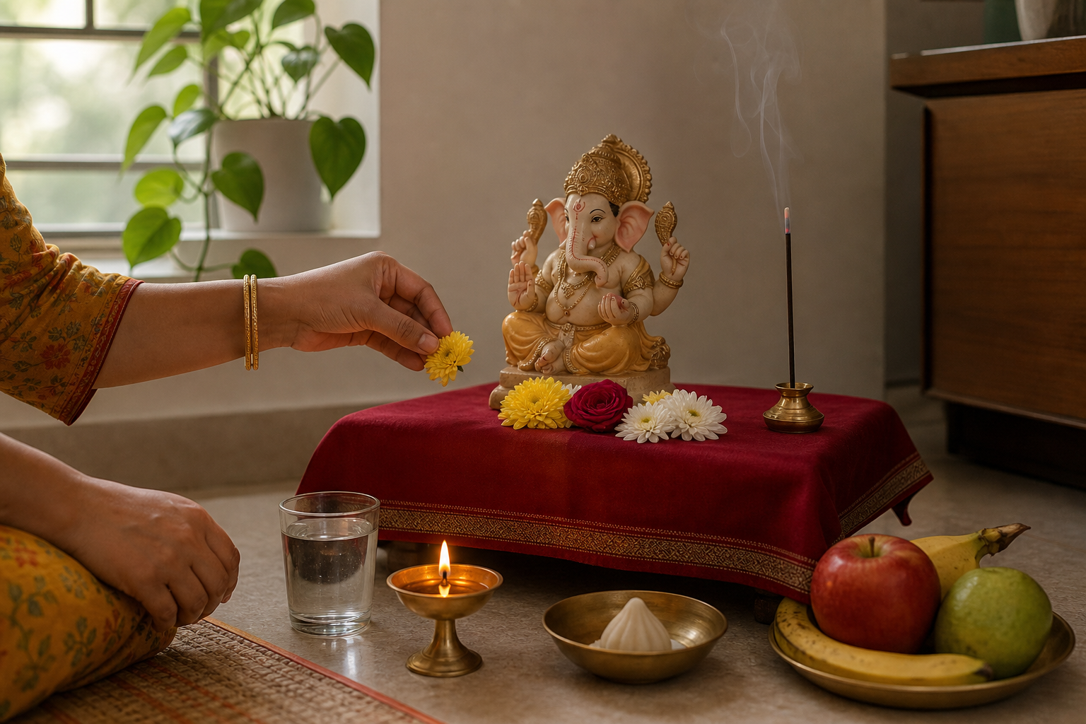 A devotee places a flower before a small Ganesha murti with a lamp, water, fruit, incense, and a modaka.