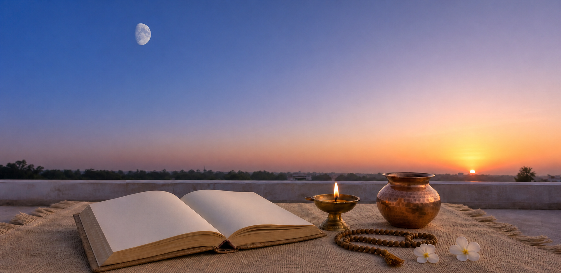 A waning Moon remains visible above a sunrise terrace with a brass lamp, copper vessel, prayer beads, two white flowers, and an open blank almanac.