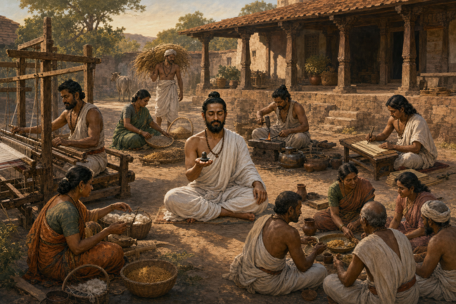 A medieval Karnataka courtyard scene links personal ishtalinga worship with skilled work, the sharing of food, and an equal communal gathering.