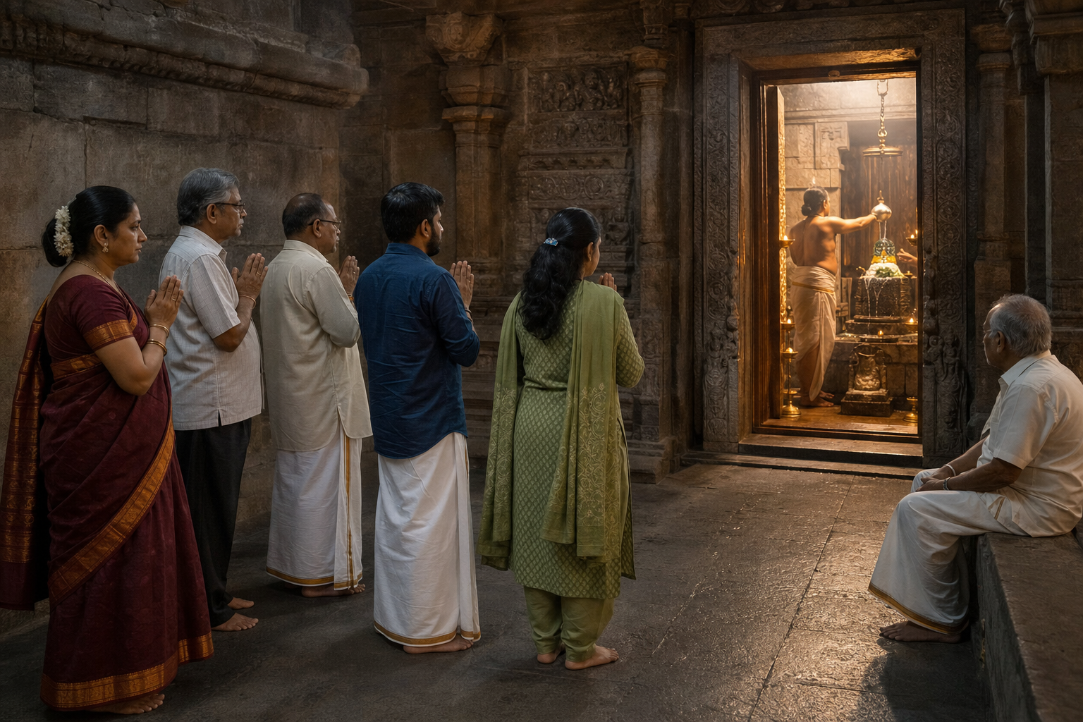 Devotees stand with joined hands outside a temple sanctum while a priest performs abhisheka within it.