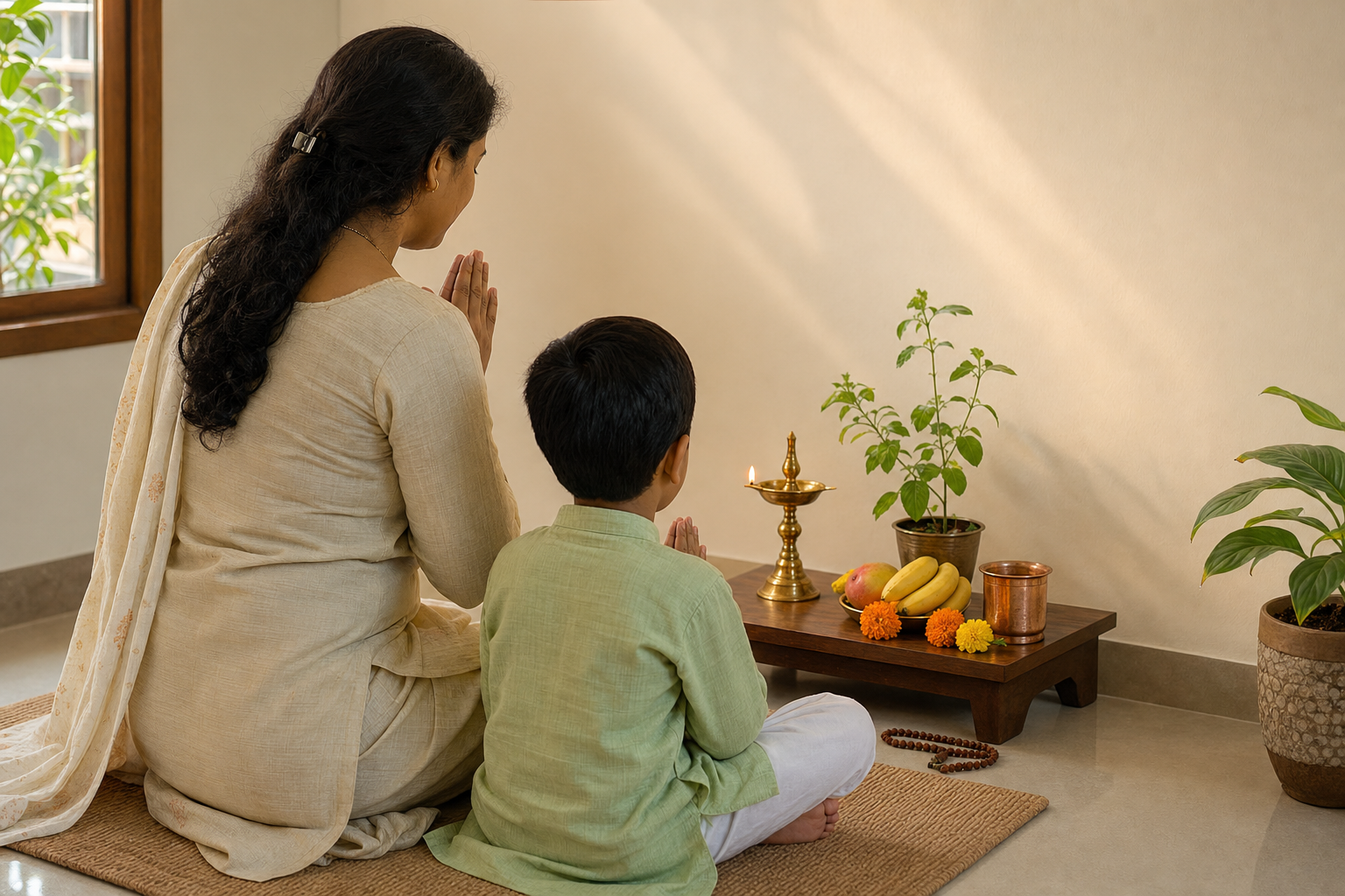 An adult and child pray at a simple home altar with a brass lamp, water cup, tulsi, fruit, flowers, and prayer beads.