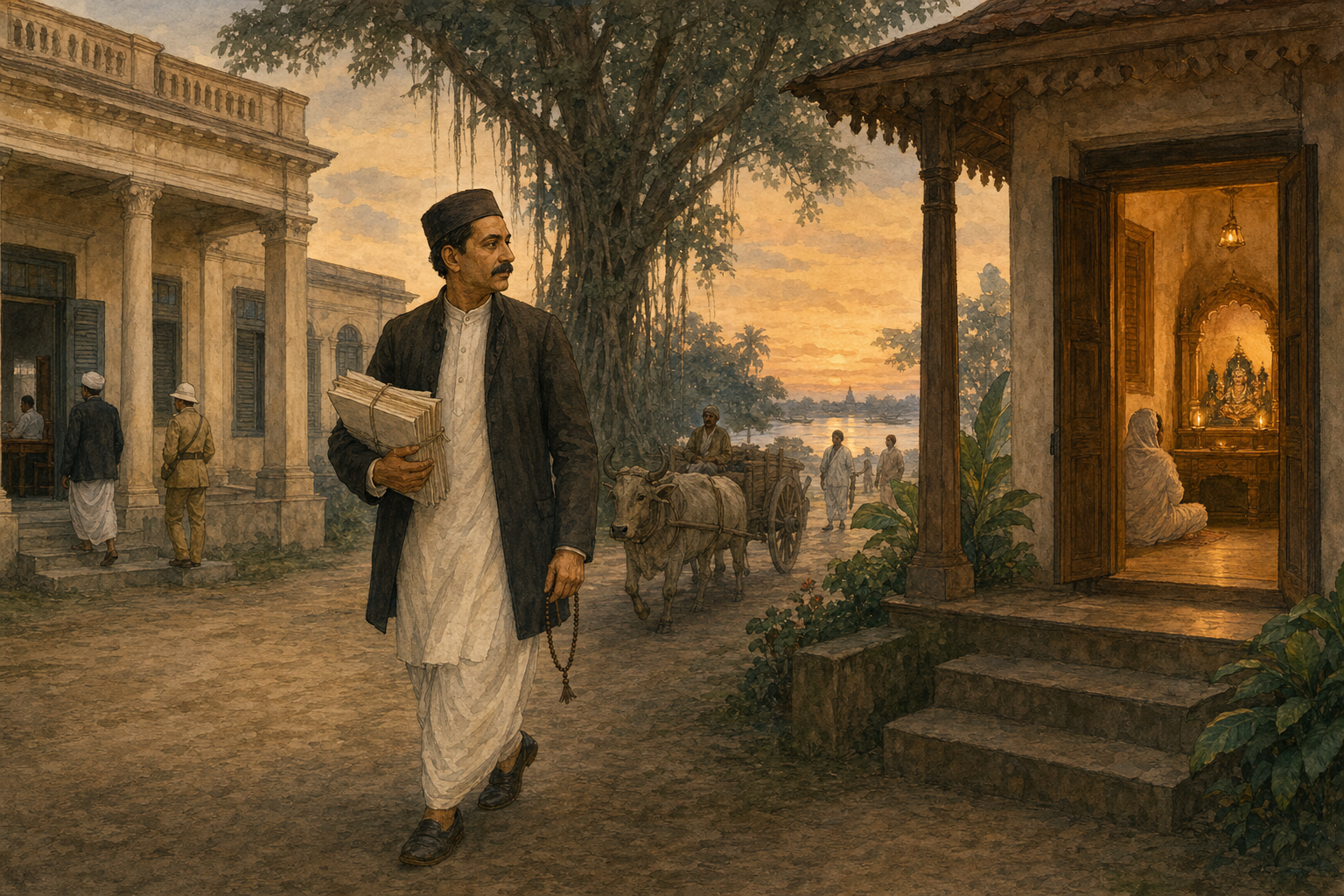 A nineteenth-century Bengali official carrying papers and prayer beads walks between an administrative building and his illuminated family home.