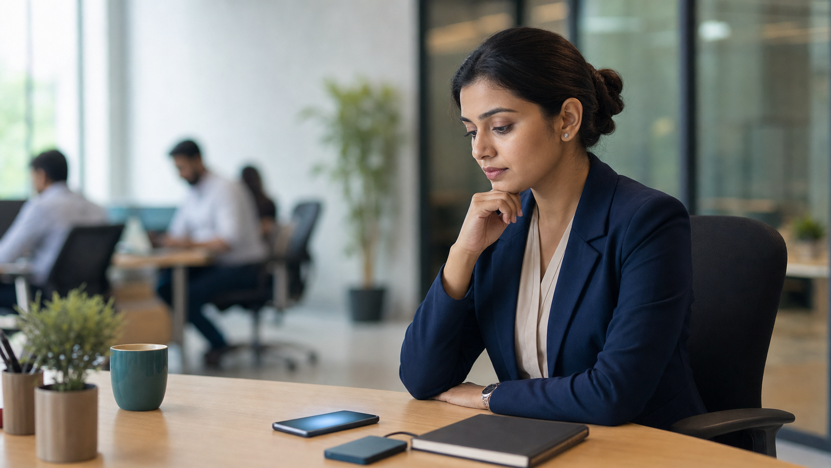 An Indian office professional sits thoughtfully at a desk beside a glowing smartphone, notebook, and external storage device.