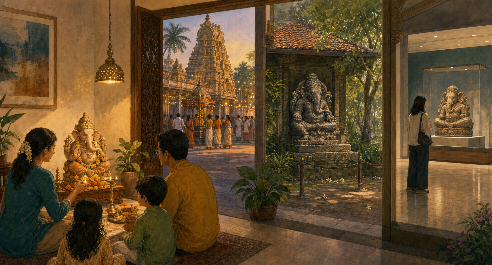 A diaspora home shrine appears alongside distinct views of an Indian temple setting, a Southeast Asian stone Ganesha, and a museum gallery.
