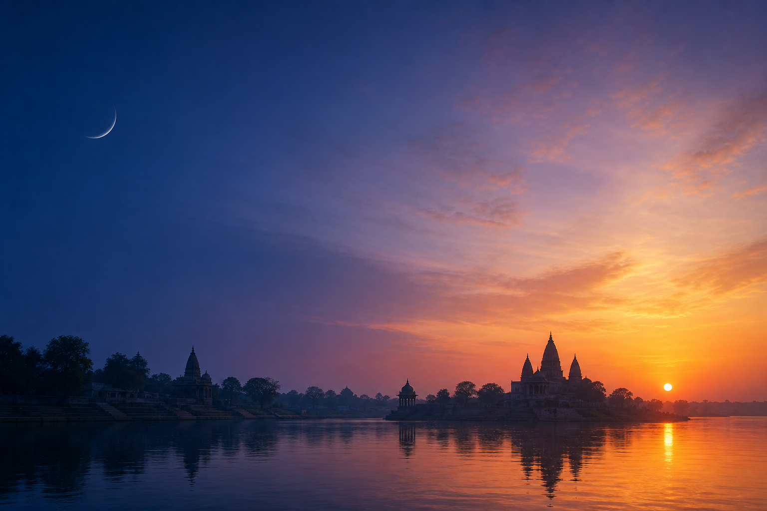 A wide landscape transitions from a waning Moon before dawn to a golden sunrise over a distant riverside temple.