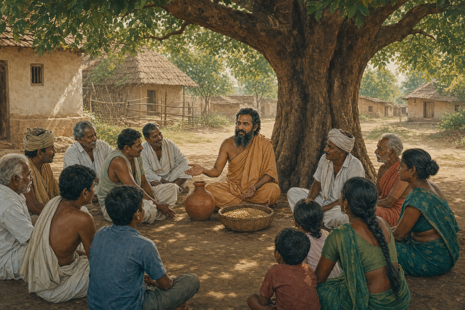 A spiritual teacher in ochre clothing speaks with villagers gathered beneath a tree beside a water pot and basket of grain.