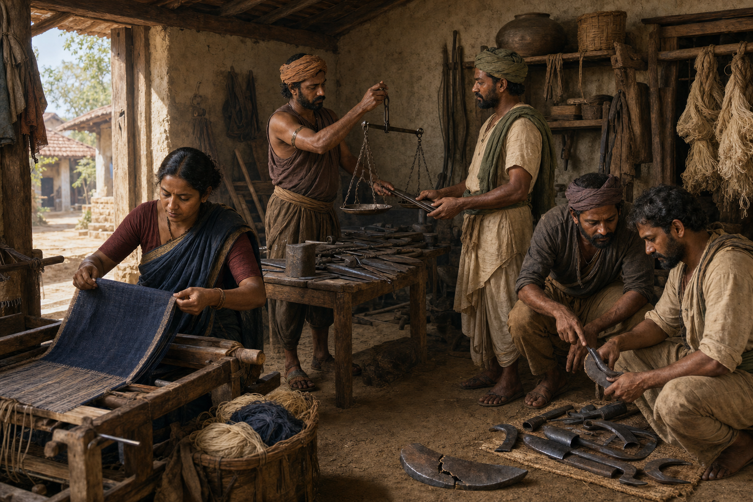 Artisans in a medieval Karnataka workshop inspect their work, use a balance in an exchange, and set aside a cracked tool.