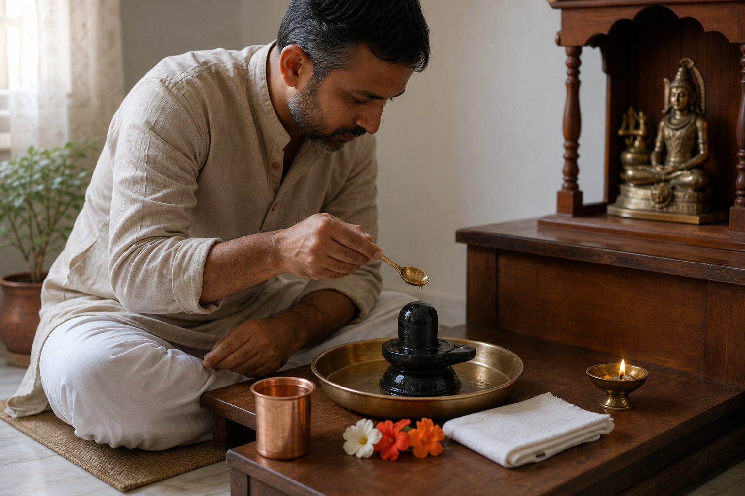 A householder uses a small spoon to pour water over a Shiva linga arranged in a shallow tray on a simple home altar.