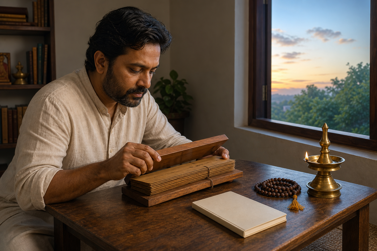 A reader studies a palm-leaf manuscript at a low desk beside an oil lamp and prayer beads as daylight enters through a window.
