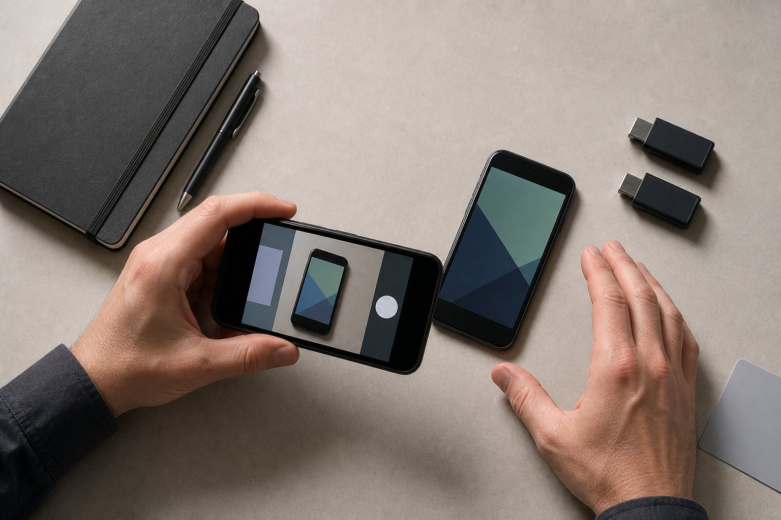 Hands document a smartphone on a private desk beside a notebook and secure storage drives.