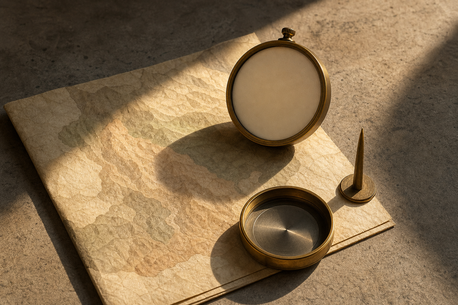 A blank brass clock, unmarked compass, small sundial, and unlabeled map sit within a narrow band of morning sunlight.
