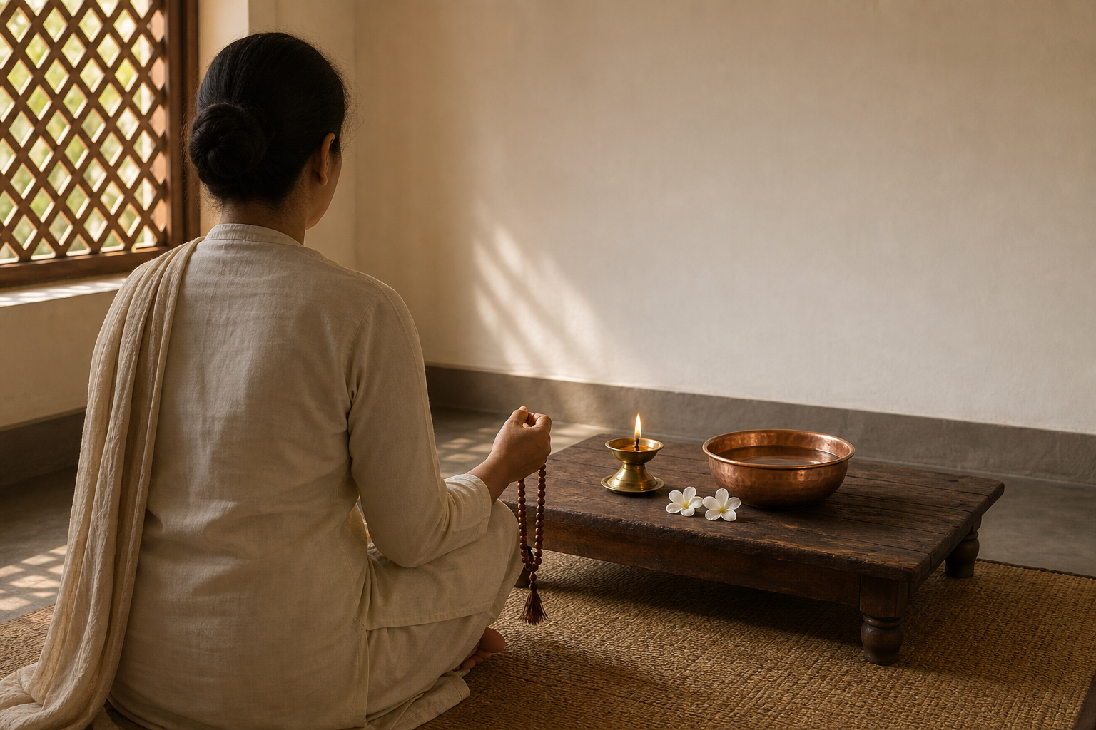 A devotee sits quietly with prayer beads before a small oil lamp, copper water bowl, and two white flowers in a softly lit home prayer space.