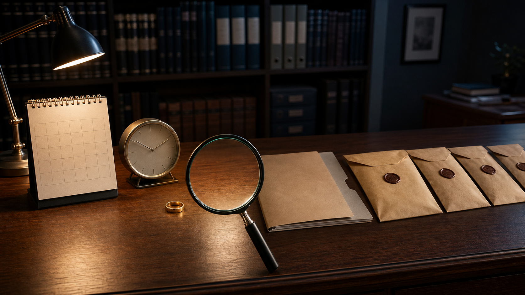 A blank calendar, clock, ring, medical file, and sealed envelopes are arranged in sequence beneath a magnifying glass.
