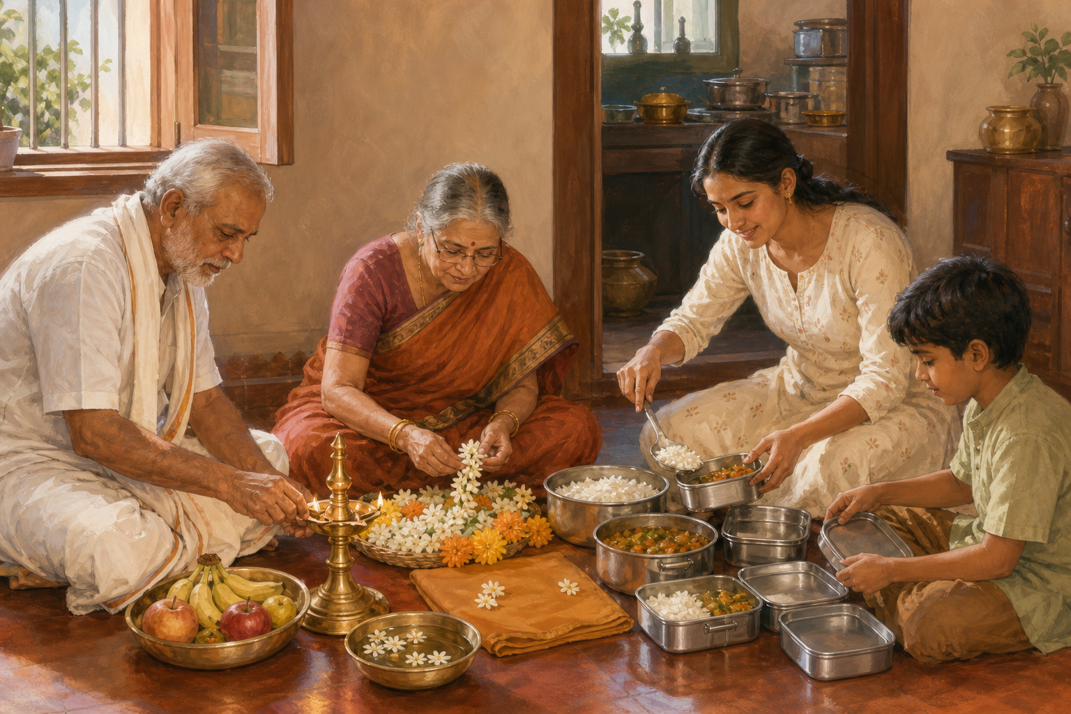 Three generations prepare a simple home observance with flowers and an oil lamp while packing cooked food into containers.