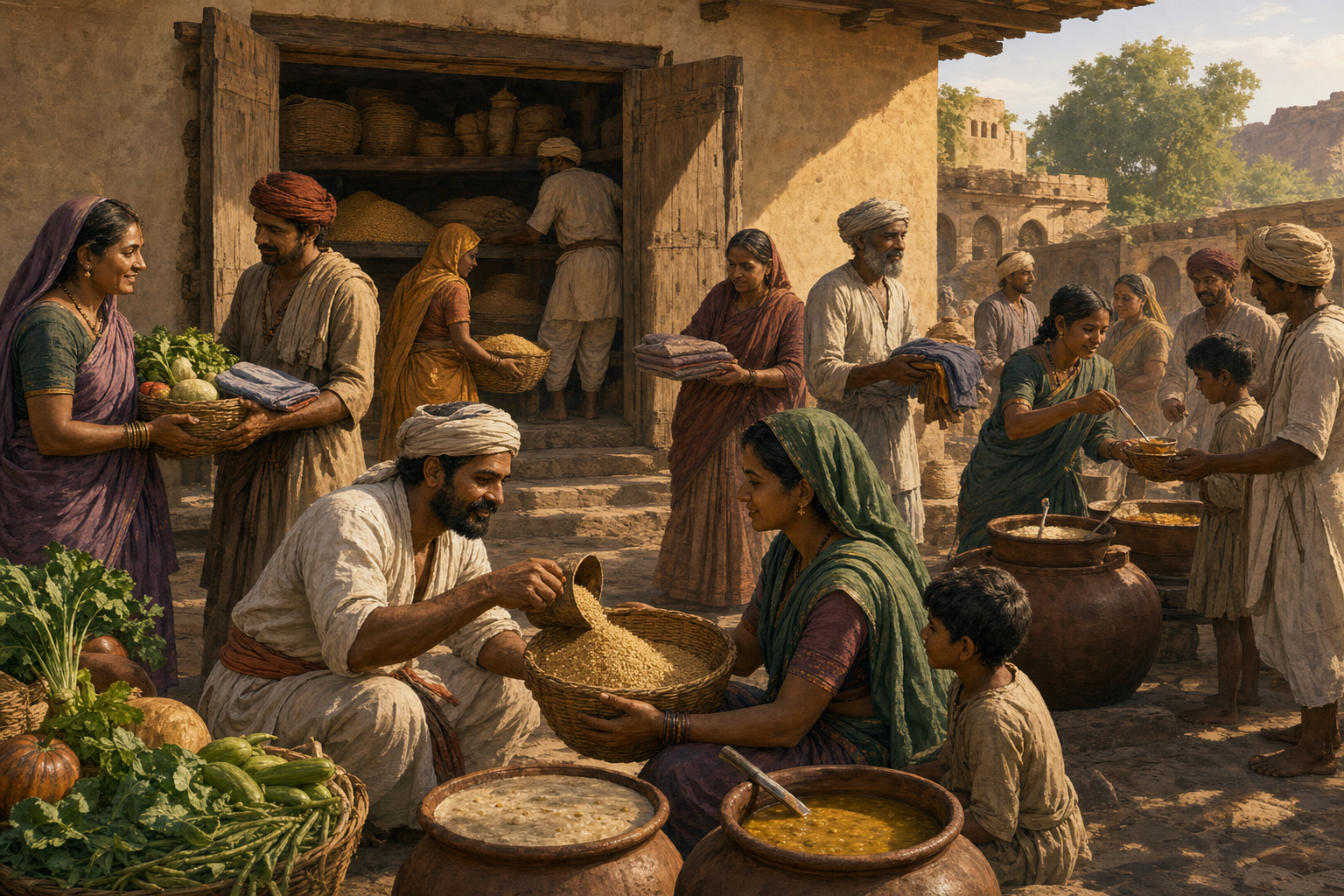 People in a medieval Deccan settlement distribute surplus grain, cloth, and cooked food while retaining a modest household store.