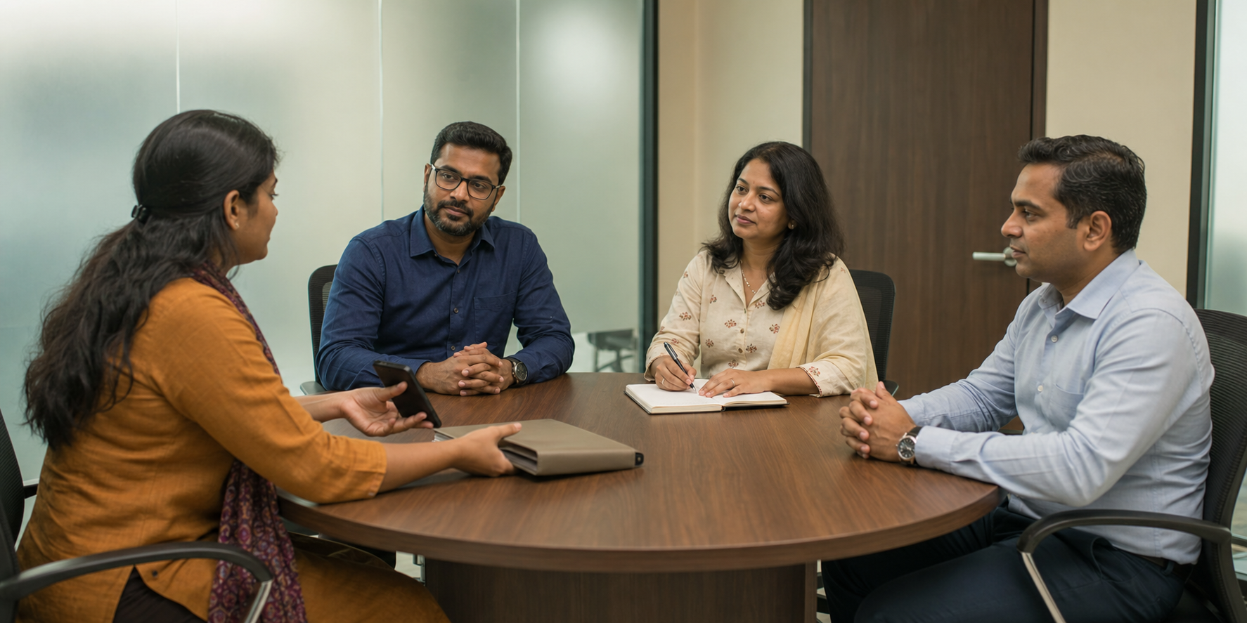 An Indian employee presents a phone and folder to three workplace committee members in a private meeting room.