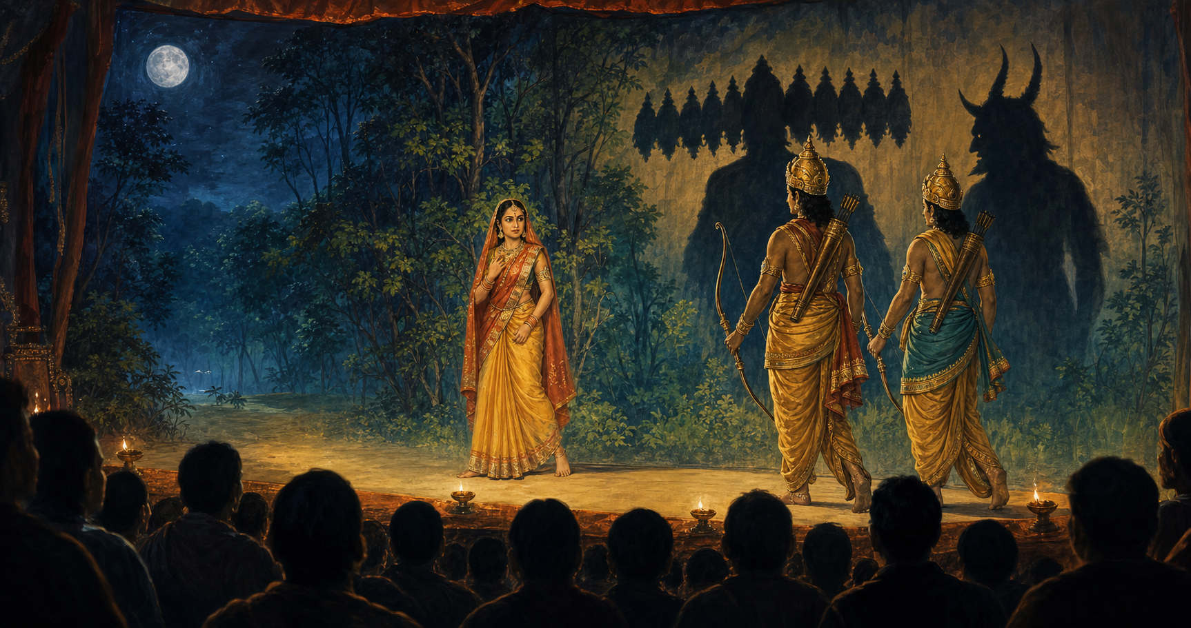Sita faces two Rama-like performers on an outdoor stage while their shadows reveal the forms of Ravana and Maricha.