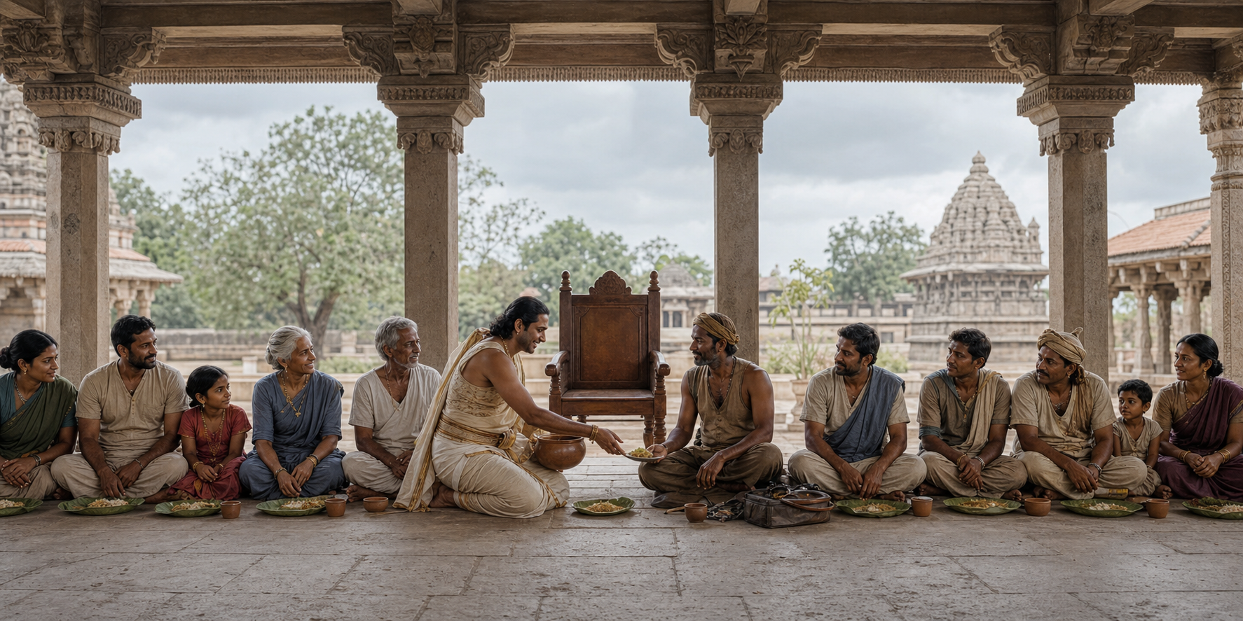 People from varied occupations and levels of wealth sit together for a communal meal while a finely dressed participant serves laborers.