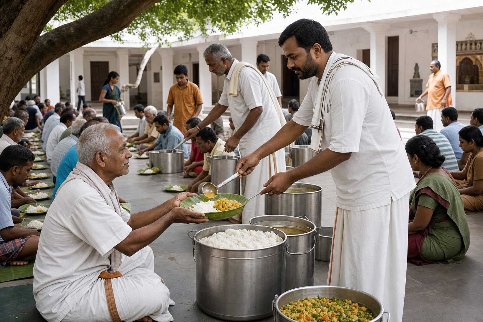 Volunteers serve rice, dal, and vegetables to visitors seated with leaf plates in a shaded matham courtyard.