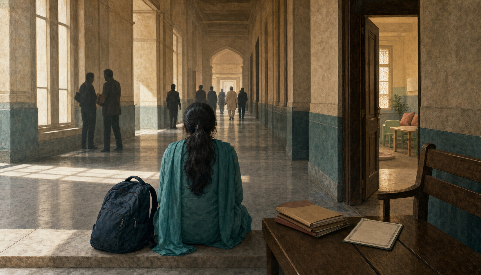 Editorial illustration of an anonymous teenage girl standing with a school backpack in a courthouse corridor near closed case files and an open child-protection room.