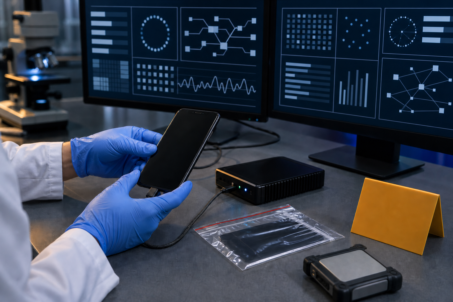 Gloved hands examine a cable-connected smartphone beside an evidence sleeve and secure storage drive at a forensic workstation.